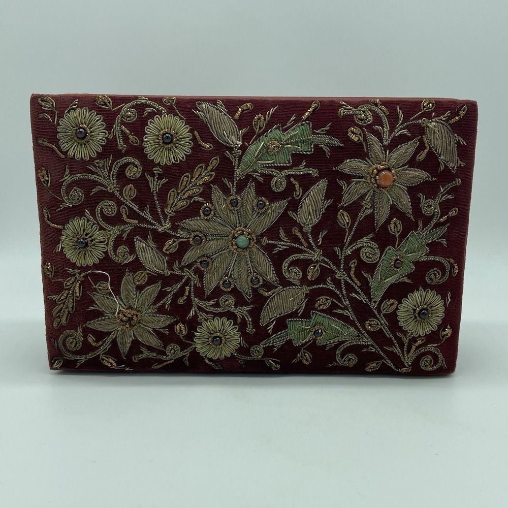 Vintage Handmade In India Red Jeweled Jewelry Box 9" x 6" EUC